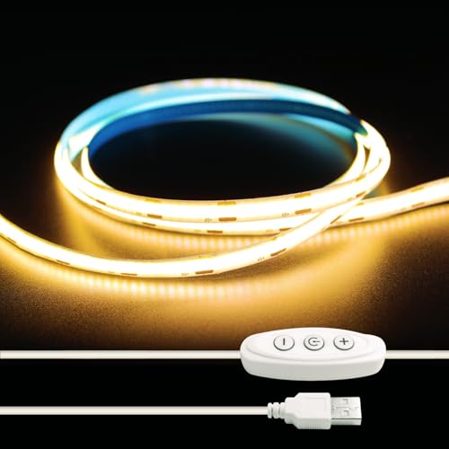 iNextStation COB LED Strip Light 2M, Warm White USB LED Strip 3000K, 640LEDs Cuttable Tape Lights, CRI 93+ Super Bright 5V Dimmable Light for TV Backlight Bedroom Mirror Kitchen Cabinet Bookcase Decor