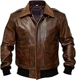 Lashvine Mens Air Force Bomber Jacket A2 Pilot Jacket US Air Force WW2 Flight Jacket Brown Real Leather Cockpit A2 Jacket