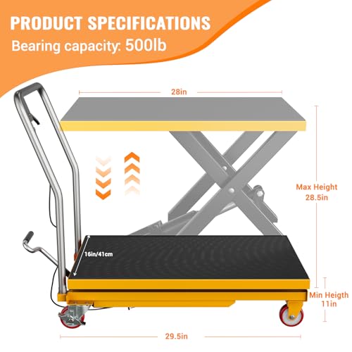 Hydraulic Lift Table Cart, 500 LBS Capacity 28.5 in Lifting Height, Manual Single Scissor Lift Table with Locking Wheels and Non-Slip Pad, Hydraulic Scissor Cart for Material Handling