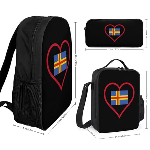 I Love Aland Island Red Heart Classic Backpack Lunch Bag Pencil Case 3 Piece Set Travel Daypack2