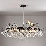 Modern Crystal Chandelier, Tree Branch Style - D40' 10-Light Black Linear Raindrop Pendant for Dining, Living Room, Entryway, Foyer, Stairway, Bedroom