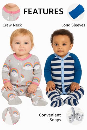 TuddyBuddy 100% Cotton Footed Romper SleepSuit for Baby (0 Months-3 Months, Pack of 2 - Grey Stripes & Pink Rainbows) - Image 5 thumbnail