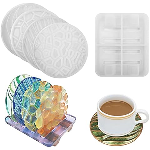 JiaLe Coaster Resin Molds with Silicone Gasket, 4 Pcs Different Pattern 3D Wave Coaster Moulds and 1 Pcs Coaster Holder Mould, Round Coaster Silicone Molds for Resin Casting Cover