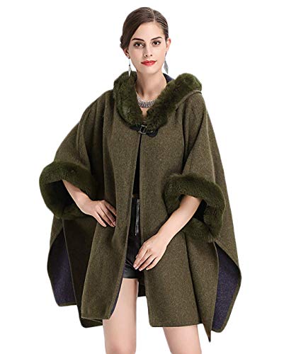 CHARTOU Women's Winter Oversized Faux-Fur Collar Blanket Poncho Cape Hooded Cloak Outwear Cardigans (Army Green, one Size)