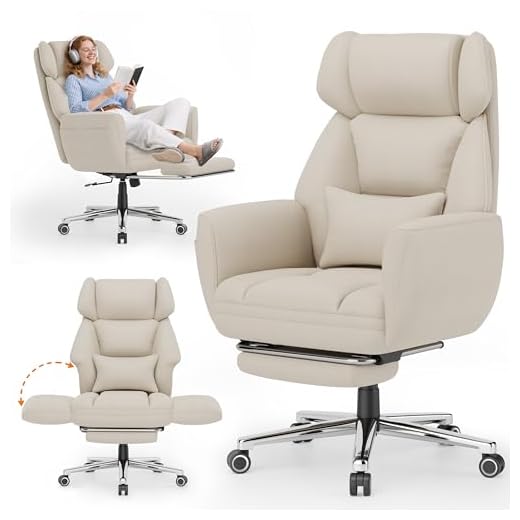 GABRYLLY Office Criss Cross Chair with Footrest, Big and Tall Executive Chair with Wide Seat,Reversible Armrest,Wheels, Lumbar Pillow and 120°Tilt,Computer Desk Chair for Gaming,Meditation,Ivory