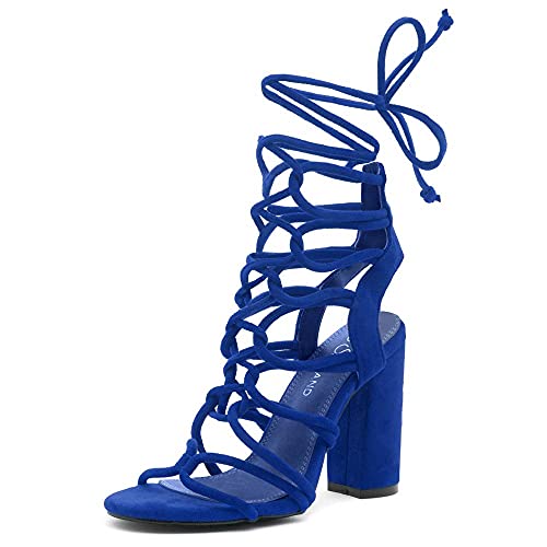 Shoe Land KYLER Women s Open Toe Lace Up Party Shoes Chunky Block Heeled Sandals RoyalBlue 11.0