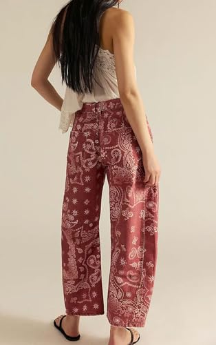 loveimgs Women Boyfriend Baggy Barrel Jeans Floral Print Denim Ankle Pants Wide Leg Mid Rise Jeans Sweatpants Y2k Patchwork4