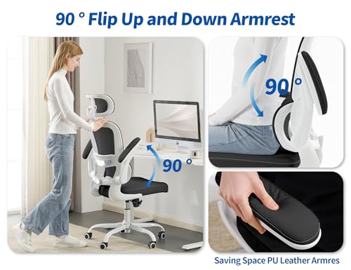 Image of TRALT Ergonomic Office Chair - Desk Chair with Adjustable Headrest Lumbar Support Computer Chair - Mesh Comfy Chair with Flip-up Armrests - Gaming Chairs for Adults Home Office (Leather, Black White)