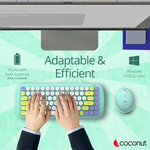 Image of Coconut Bling Typewriter Inspired 2.4GHz Retro Wireless Keyboard and Mouse Set with USB Support, Round 84 Keycaps for PC & Laptop (Green)