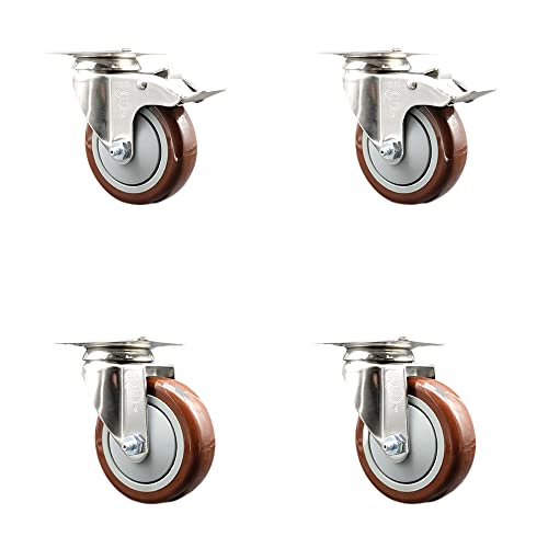 Polyurethane Swivel Top Plate Caster Set of 4 with 4 Inch Maroon Caster Wheels - 316 Stainless Steel Casters - Includes 2 Swivel with Total Lock Brakes and 2 Swivel - Service Caster Brand