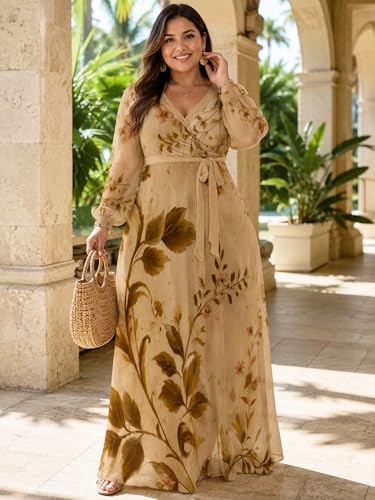 Image of PinkPatty Women's Long Sleeve Maxi Dress Plus Size Casual V Neck Wrap Dress with Pockets&Belt