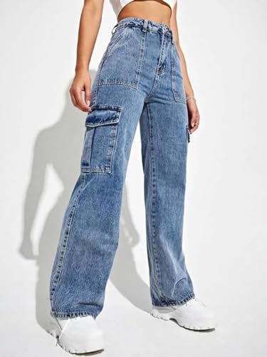 Image of Glossia Fashion High Waist Cargo Denim Jeans for Women Wide Leg Stretchable Straight Fit Jeans(WJ1-1215-$)