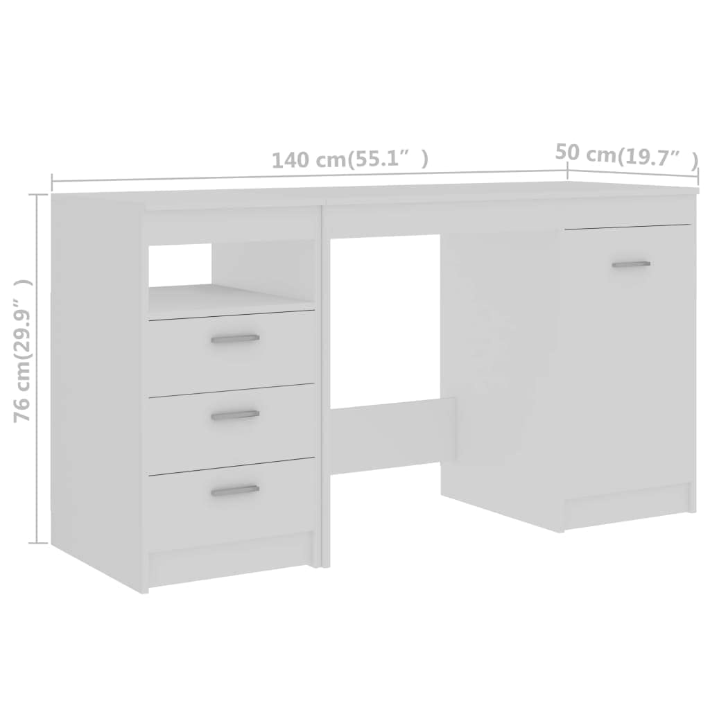 Biurko białe 140 x 50 x 76 cm, materiał drewnopochodny z 3 szufladami i 1 drzwiami, nowoczesny stół biurowy do gabinetu, dużo miejsca do przechowywania książek i dokumentów, łatwe w utrzymaniu