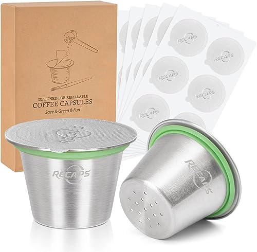 RECAPS Reusable Coffee Filter Capsules Compatible with Nespresso 2PCS Refillable Coffee Pods Permanent Coffee Filter Stainless Steel 120PCS Aluminum Foil Lids Coffee Tamper -  RC-2N-120L