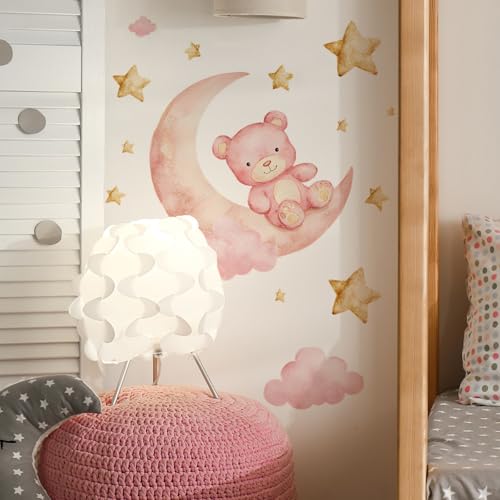 Vinilos decorativos oso rosa y luna con estrellas doradas miniatura 6