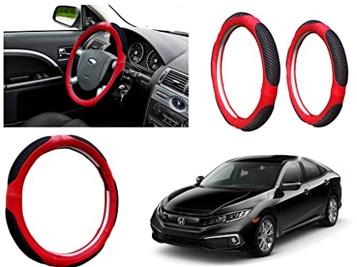 Image of Microfiber Car Steering Wheel Cover, Soft Padding Great Hand Feel, Anti-Slip, Faux Leather Steering Cover for Honda Civic 2019 | Black Red Jali - Pack of 1