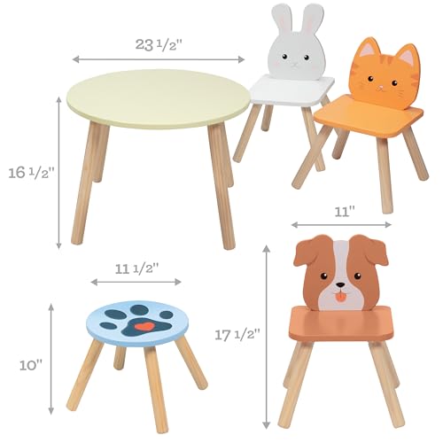 Kids-Wooden-Animal-Table-Chair-Set-w-4-Seats-Puppy-Kitten-Bunny-Plus-Adult-Stool-for-Arts-Crafts-Activity-Dining-Pretend-Play-Durable-Playroom-Furniture-for-Home-Daycare-Classroom-Toddler-Gift Kids Wooden Animal Table Chair Set w 4 Seats Puppy Kitten Bunny Plus Adult Stool for Arts Crafts Activity Dining Pretend Play Durable Playroom Furniture for Home Daycare Classroom Toddler Gift