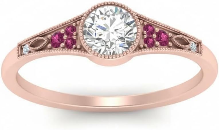 Choose Your Gemstone Bezel Vintage Round Diamond CZ Ring Rose Gold Plated Round Shape Vintage Engagement Rings Minimal Modern Design Birthday Gift Wedding Gift US Size 4 to 12