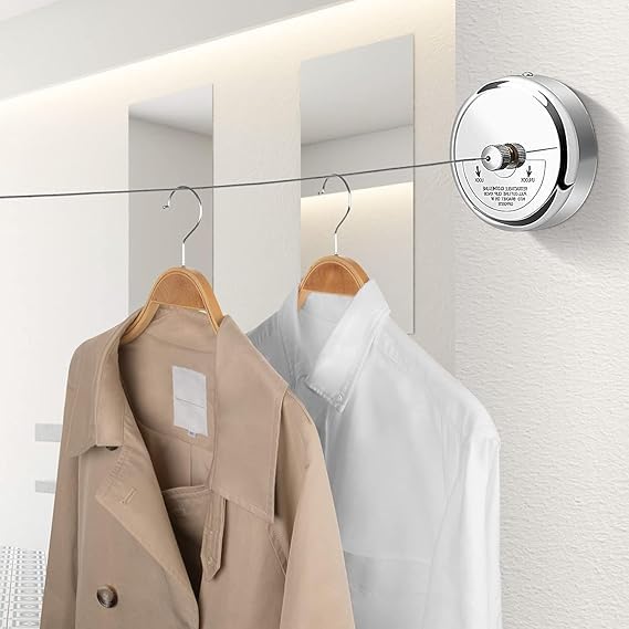 Image of Khedu Fab Stainless Steel Retractable Clothesline Lockable Hanging Washing Line, Wall-Mounted Wire Clothes line /Cloth Line Laundry Drying Rope for Indoor /Outdoor /Balcony (Silver)
