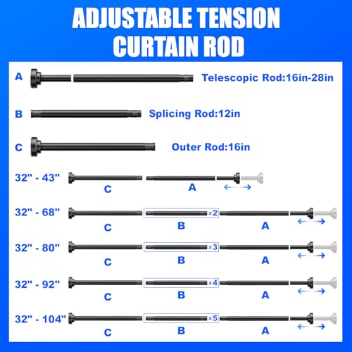 Image of Ausemku Shower Curtain Rod - 32-43 Inch Rustproof Tension Rod, Non-Slip Spring Design, No Drilling Adjustable Curtain Rod for Bathroom, Kitchen, and Closet(Black)