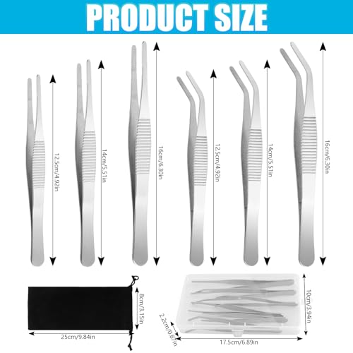 6 Stück Pinzette Set, 3 Größen Edelstahl Pinzette, 16cm Lange Pinzette mit Aufbewahrungsbeutel, Professionelles Rutschfest Gebogen Pinzetten für Handwerksreparatur Nähmaschinen Schmuck, 12.5-16cm