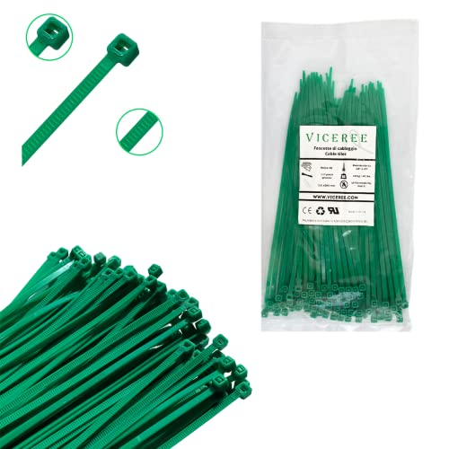 VICEREE 100 Colliers de Serrage Universels en Plastique, Vert Foncé - 3.6x200mm - Attaches de Câble Standard Autobloquants Résistants pour L'Installation de Filets, de Toiles et de Commandes de Câbles