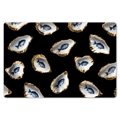 KitchenYeah© Set de 6 Manteles Individuales Plástico 45x30 cm Antimanchas y Antideslizantes Tapete Mesa Comedor Salvamantel Individual PVC Ostras - Pescado - Azul - Dorado