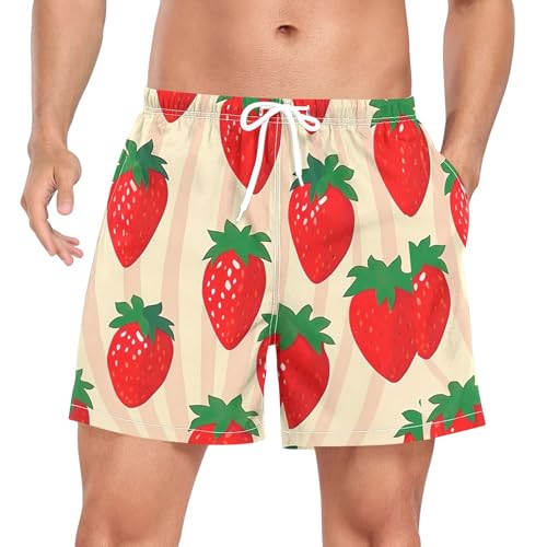 xigua Strawberry Pattern Mens Swim Trunks with Liner, 5 inch Quick Dry Mens Boardshorts for Beach