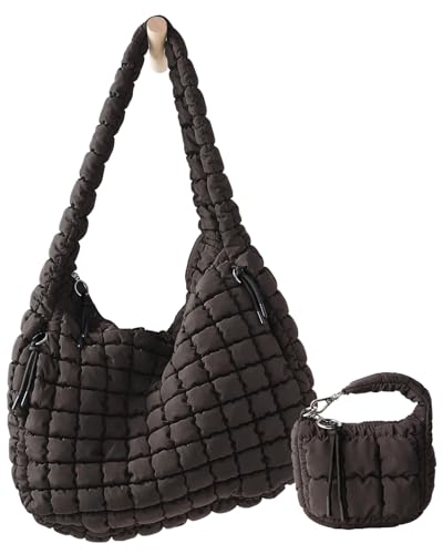 Image of Large Quilted Puffer Tote Bag for Women with Mini Pouch Puffy Crossbody Bags Purse Hobo Puff Shoulder Carryall Gym Travel