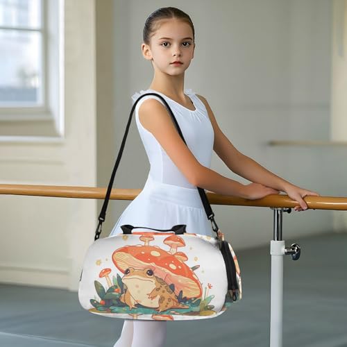 Duffle Bag for Boys or Girls with Shoes Compartment, Frog under Mushroom Sports Travel Bag Overnight3