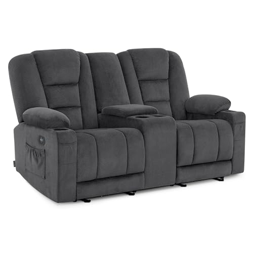 M MCombo Elektrisch 2 Sitzer Sofa mit Schlaffunktion, 2er Relaxsofa mit Taste 150° Verstellbar, Kinosessel mit Liegefunktion, Konsole & USB & Getränkehalter, 7009 (Grau)