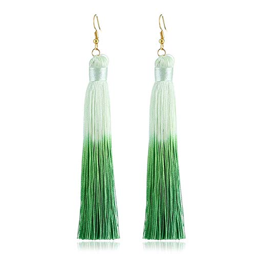 Sunwd Mujer Pendientes, Bohemian Color Tassel Earrings For Women Long Solid Silk Fringed Drop Dangle Earrings Wedding Jewelry Accessories green