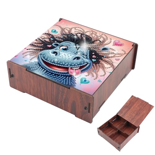Image of DIY Diamond Painting Storage Box, Hippo Design Wooden Diamond Art Organizer with Flip-Top Lid and 4 Divided Compartments, Desktop Craft and Jewelry Storage Basket for Jewelry, Art and Craft Storage