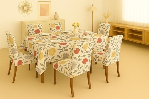 Image of Homerz Premium 6 Seater Dining Table Cloth with 6 Dining Chair Covers,Elastic Fitted Chair Slipcovers, Printed Polycotton Fabric, Table Cloth Size 60x90 inch (BW3D)