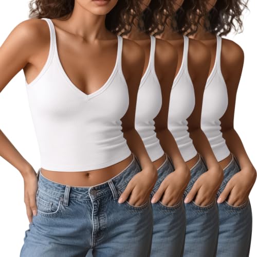 Image of 4 Pieces V Neck Tank Tops for Women Spaghetti Strap Crop Top Cotton Basic Fitted Summer Cami Shirts