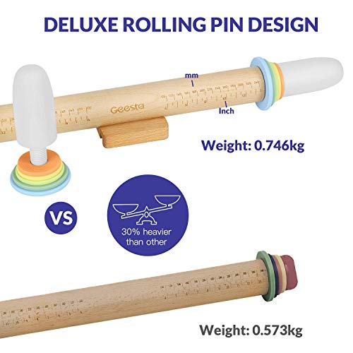 Image of Geesta Adjustable Wood Rolling Pin with 5 Thickness Rings, Precise Dough Roller Handle Press Design with Measurement Guide for Baking Fondant, Pie Crust, Cookie, Pastry - Baking Essential