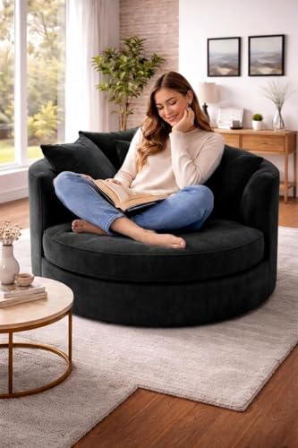Image of SOFALIZE - Modern Barrel Accent with Pillows Round Sofa Modern Combines Contemporary Design Oversize Arm Chair Cozy Club Chair for Bedroom, Living Room, Lounge, Hotel & Office Hallways Sofa (Black)