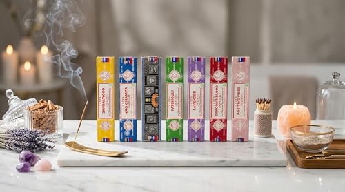 Satya Incense Gift Set Nag Champa, Super hit, Dragon's Blood, Sandalwood, Patchouli, Lavender, Positive Vibes, 15 g