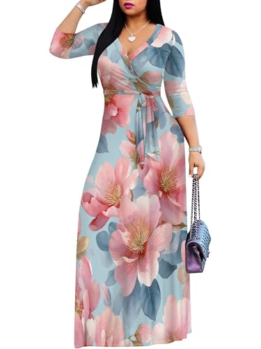 Image of SUZONANA Plus Size Dresses for Women Floral Print Maxi Dress Flowy 3 /4 Sleeve with Belt