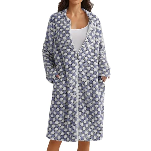 YOSUWOAI Bata para mujer mullida, bata de sauna acogedora bata con cremallera, ropa de dormir de franela, bata de baño suave, para otoño e invierno, O azul., L