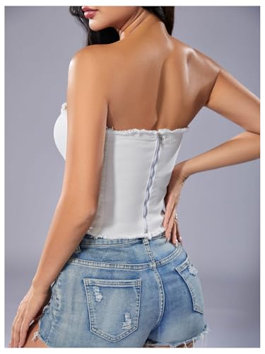 WDIRARA Women's Y2k Button Denim Tube Tops Strapless Asymmetrical Crop Top Sleeveless Zipper Back Bandeau4