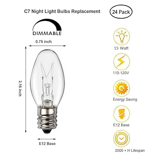 24 Pack C7 Night Light Bulbs, 15 Watt Night Light Bulbs Dimmable, E12 Candelabra Base Salt Lamp Bulbs Wax Warmer Bulbs for Salt Lamp Night Light Patio Xmas String Lights (Clear)