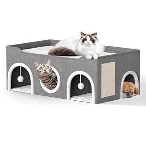 All-in-1 Extra-Wide Cat House for Indoor, Multi Cats Puppy Family, Large Cat Cave for Pet House with Fluffy Ball Hanging and Scratch Pad, Foldable Dog Hideaway, 35.4×19.6×13.3 inches, Grey