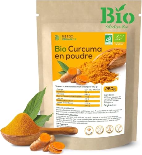 Detox Organica-Poudre de Curcuma Bio-250g Curcuma Poudre-5% Curcumine-100% Naturel et Vegan-Qualité biologique-Sans additif