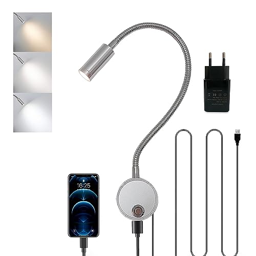 Lampe de Lecture Dimmable Tactile, Lumière Liseuse Murale Intérieur LED avec Interrupteur et Port de Chargement USB 360°Lampe Lit à Col de Cygne Flexible Applique Chevet Chambre avec Adaptateur EU