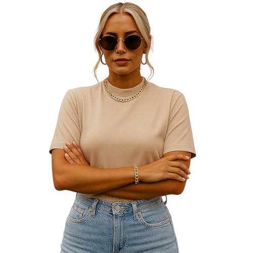 T-shirt Camiseta Básica Feminina Gola Alta, 100% Algodão, Manga Oversized (BR, Alfa, M, Regular, Nude)