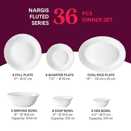 Image of Larah by Borosil Nargis Fluted Series Opalware Dinner Set | 36 Pieces for Family of 8 | Microwave & Dishwasher Safe | Bone-Ash Free | Crockery Set for Dining & Gifting | Plates & Bowls | White