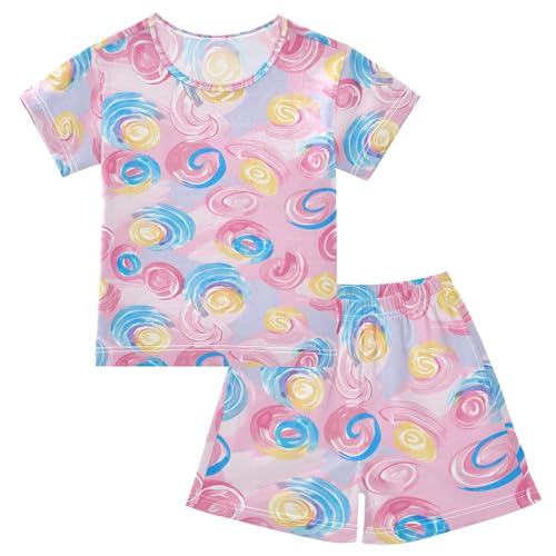 ALAZA Candy Watercolor Pajamas Set Short Sleeve Cotton Sleepwear Summer Pjs 2 Piece 5-14Y