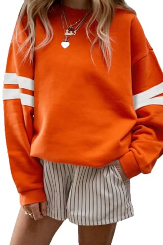 KevaMolly Women Varsity Striped Drop Shoulder Sweatshirt Orange M