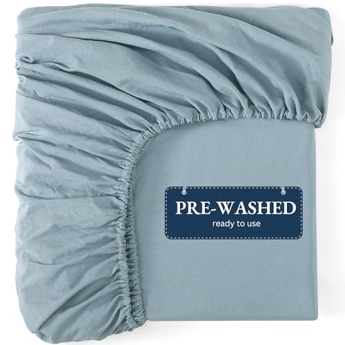Image of Fitted Sheet King, French Blue - Pre-Washed, Deep Pocket 14 inch (35 cm) - Easy Care - Soft Brushed Microfibre Fabric - Shrinkage and Fade Resistant - Bottom Sheet